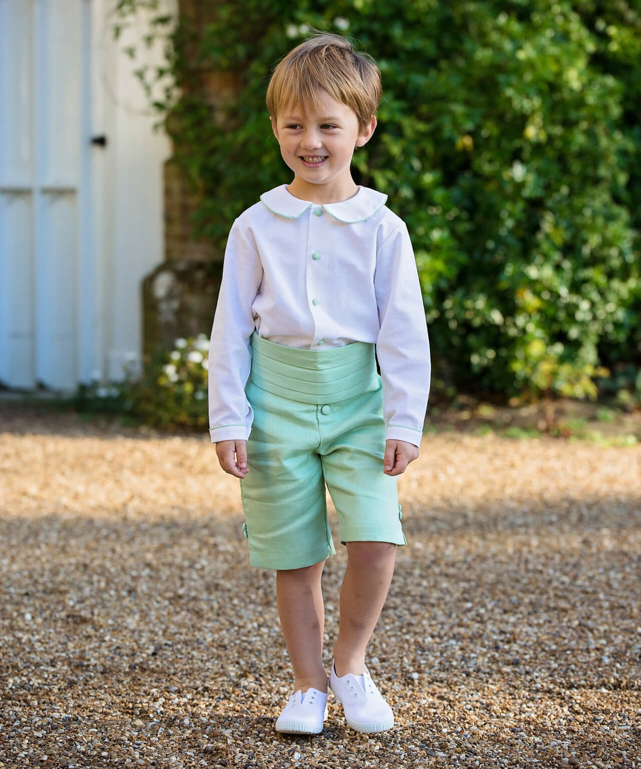 Soft Green Linen Pageboy Outfit by Amelia Brennan Weddings