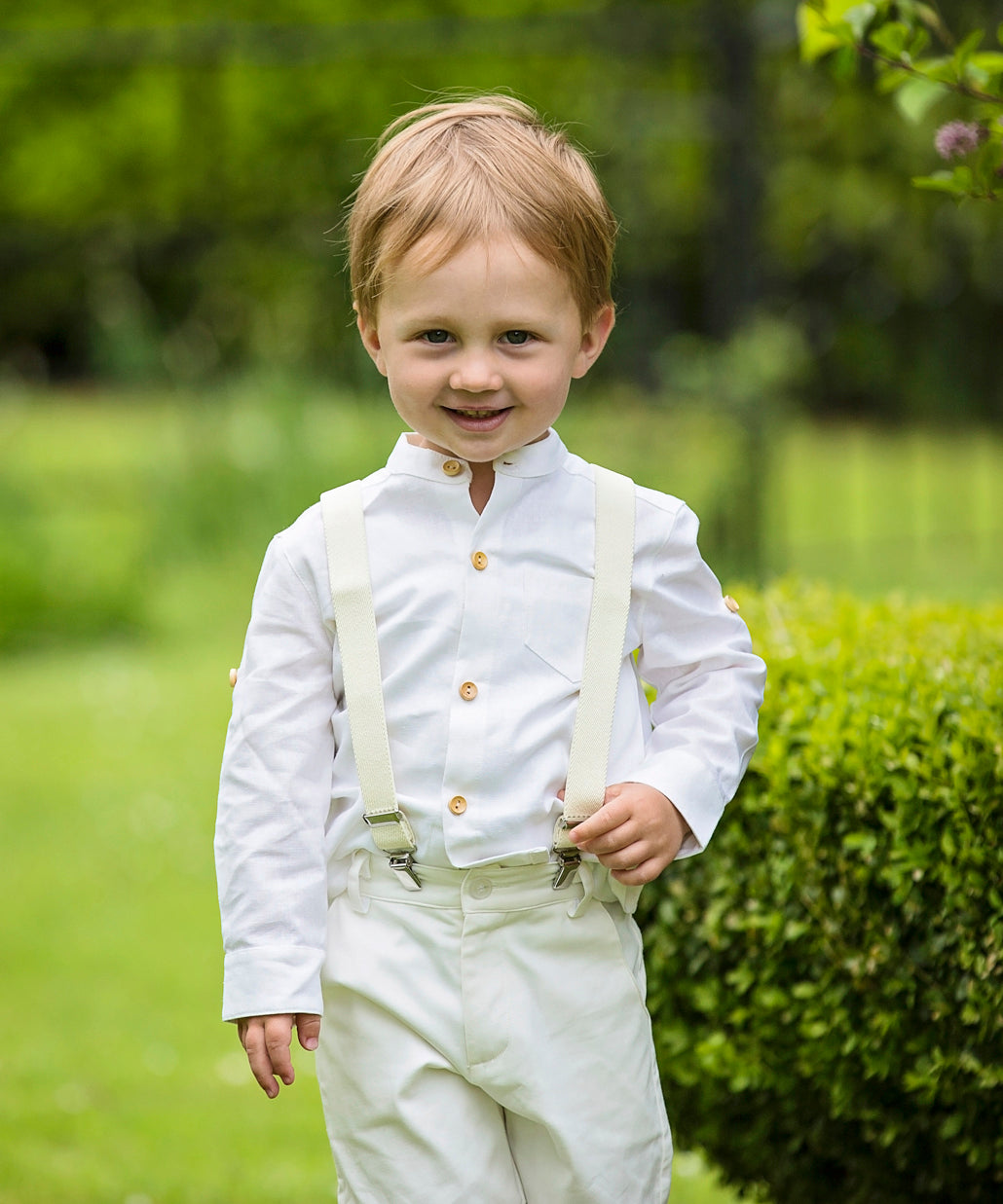 Pageboy Outfit by Amelia Brennan Weddings with linen shirt and ivory braces