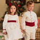 Matching Flower girl and Pageboy in Ivory with Burgundy Velvet trims for Winter Wedding | Amelia Brennan
