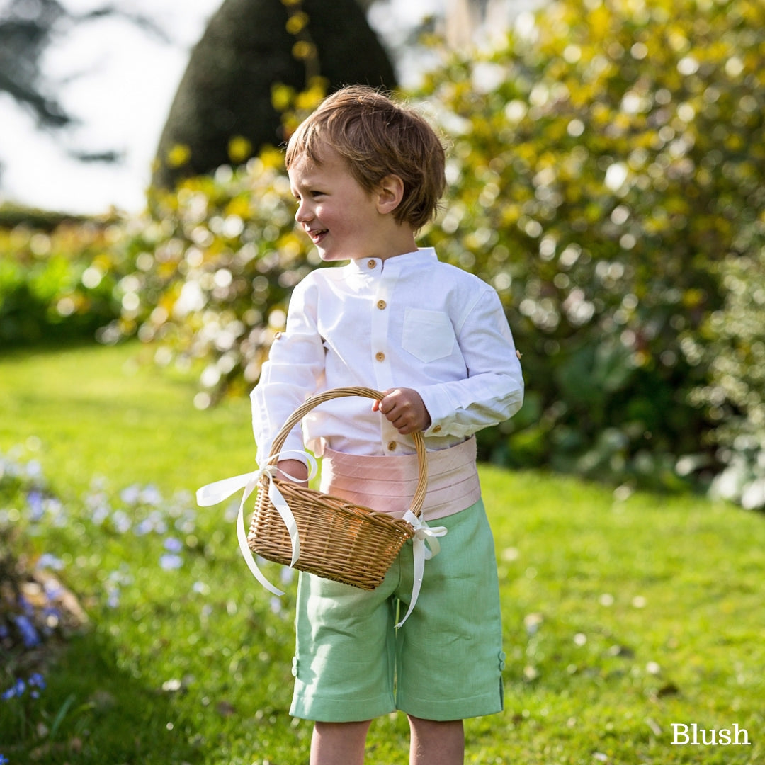 Blush Pageboy Cummerbund with Green linen shorts