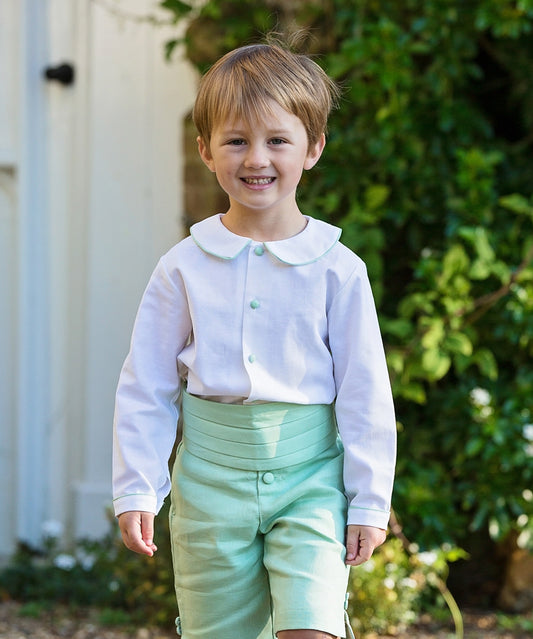 Linen pageboy shirt with green trim by Amelia Brennan Weddings
