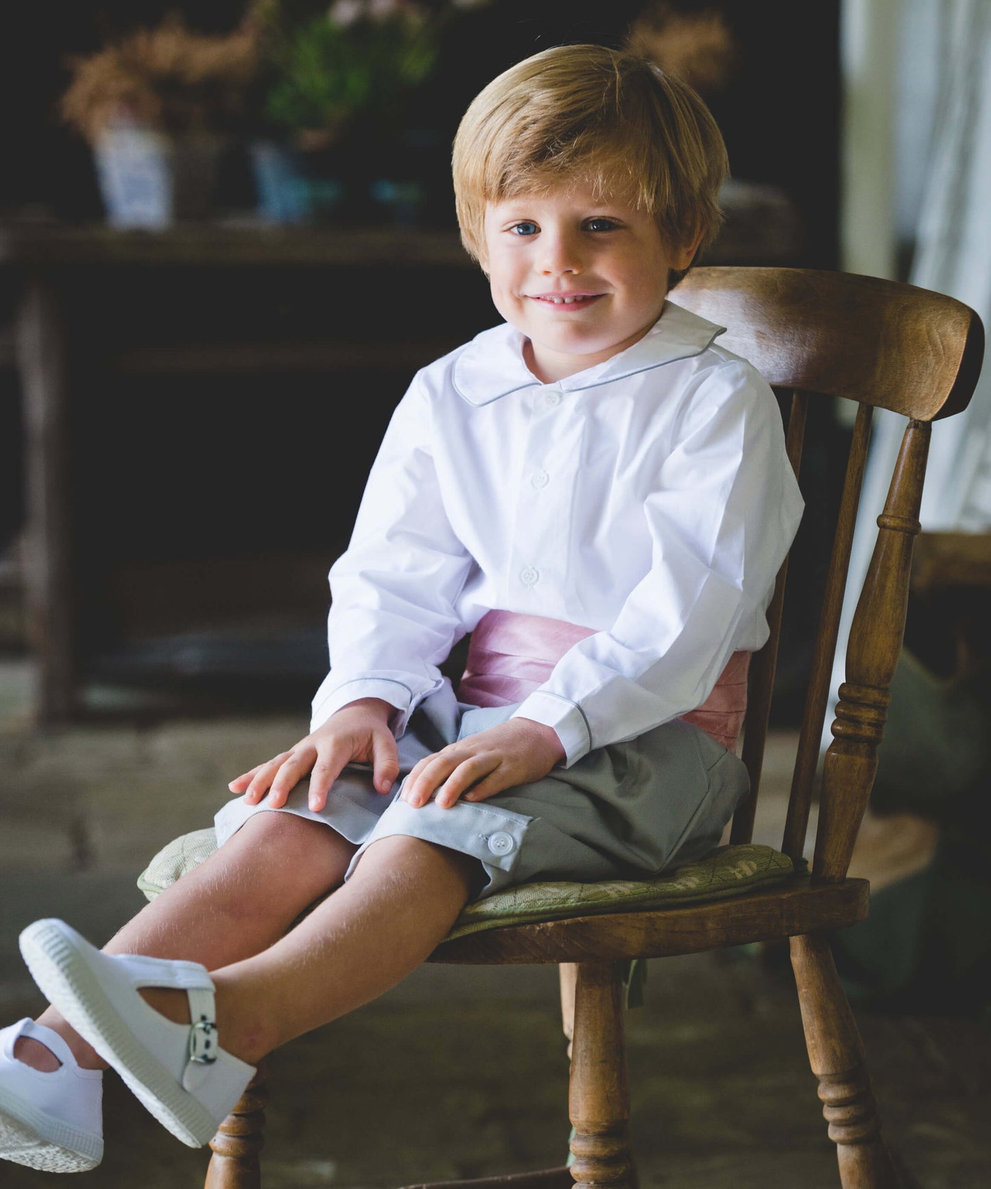 Pageboy in Grey Knickerbockers and Pink Cummerbund | Amelia Brennan Weddings