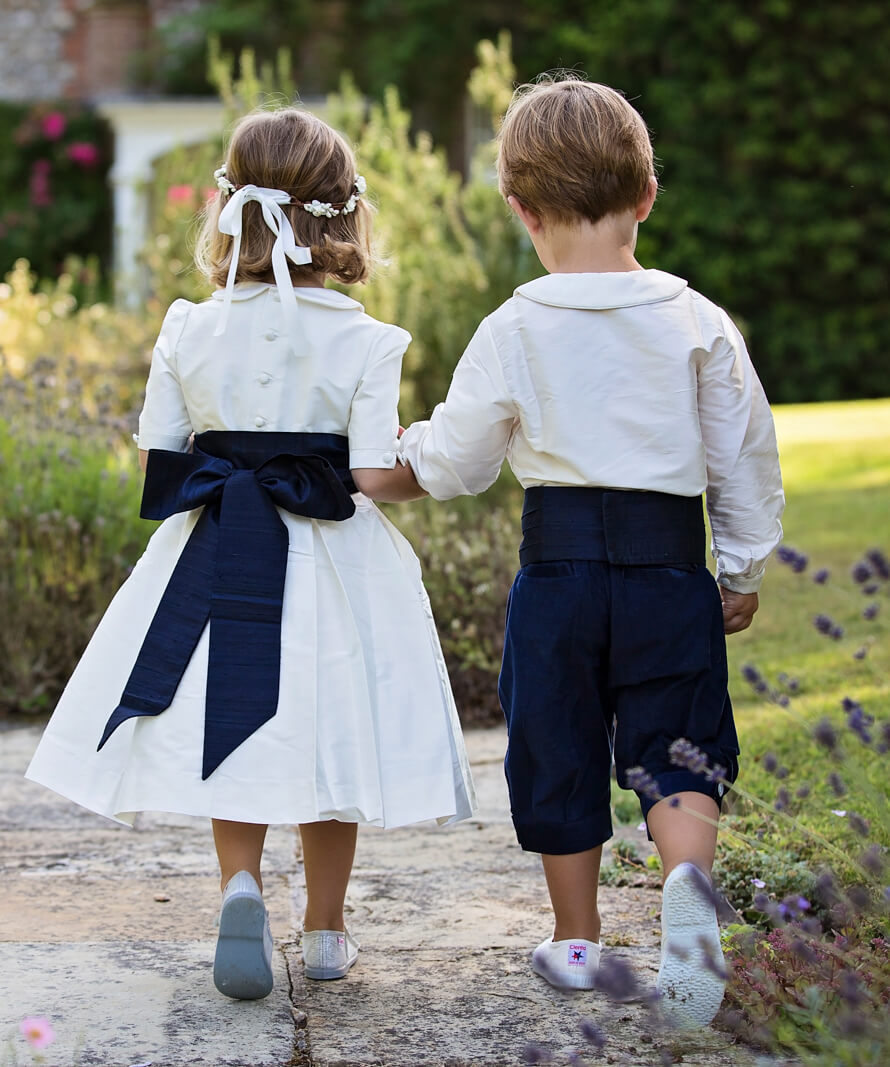 Ivory and Navy Silk Flower Girl and Pageboy Outfits | Amelia Brennan