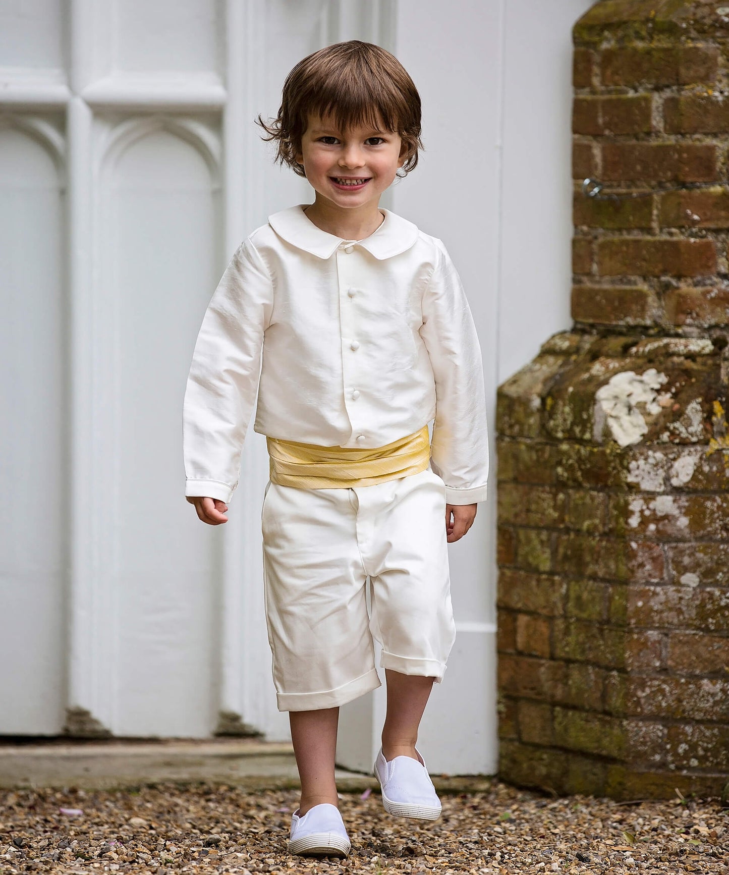 Ivory Pageboy Shorts and Shirt with Yellow Silk Cummerbund | Amelia Brennan