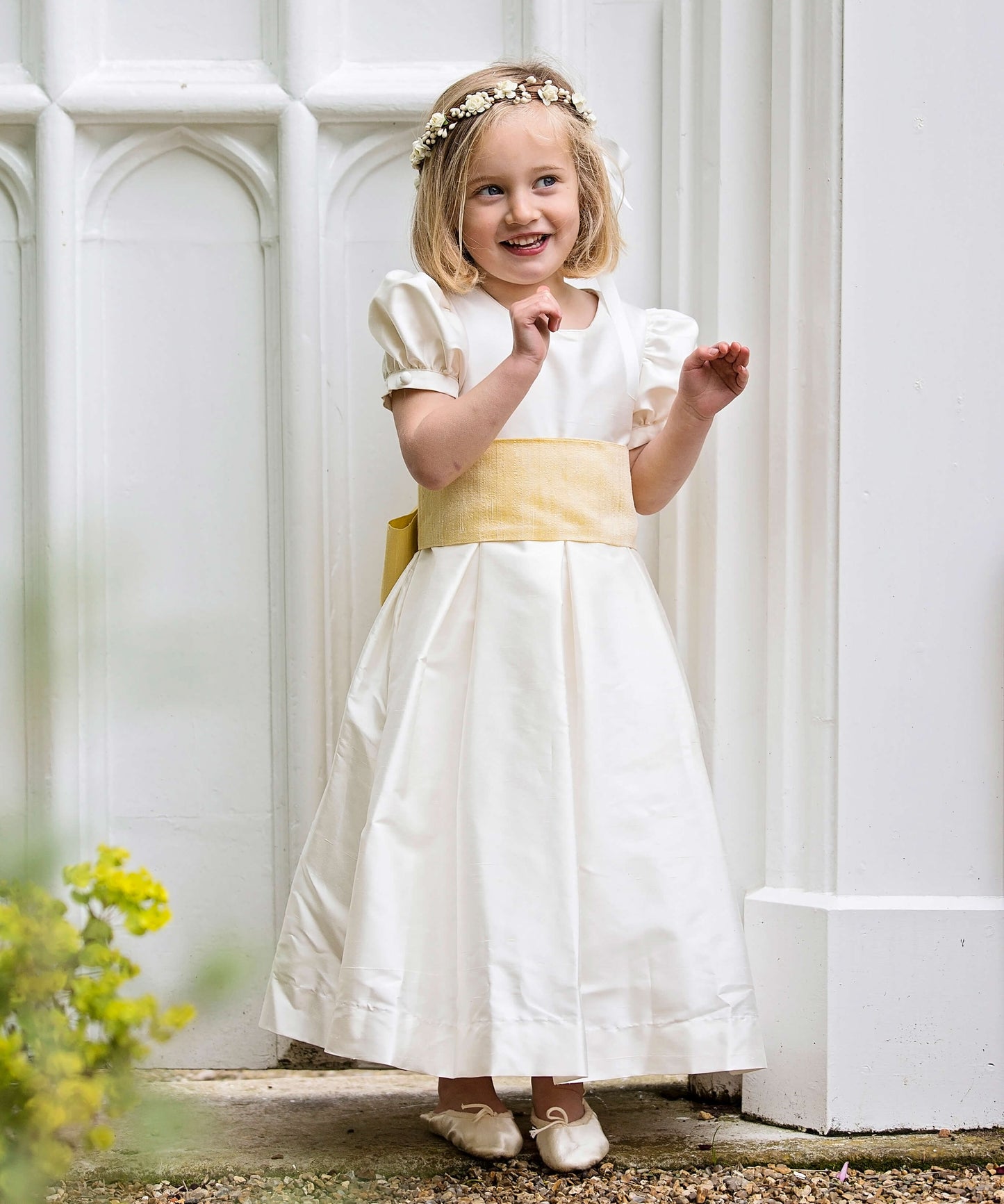 Ivory Silk Flower girl dress with puffed sleeves by Amelia Brennan Weddings