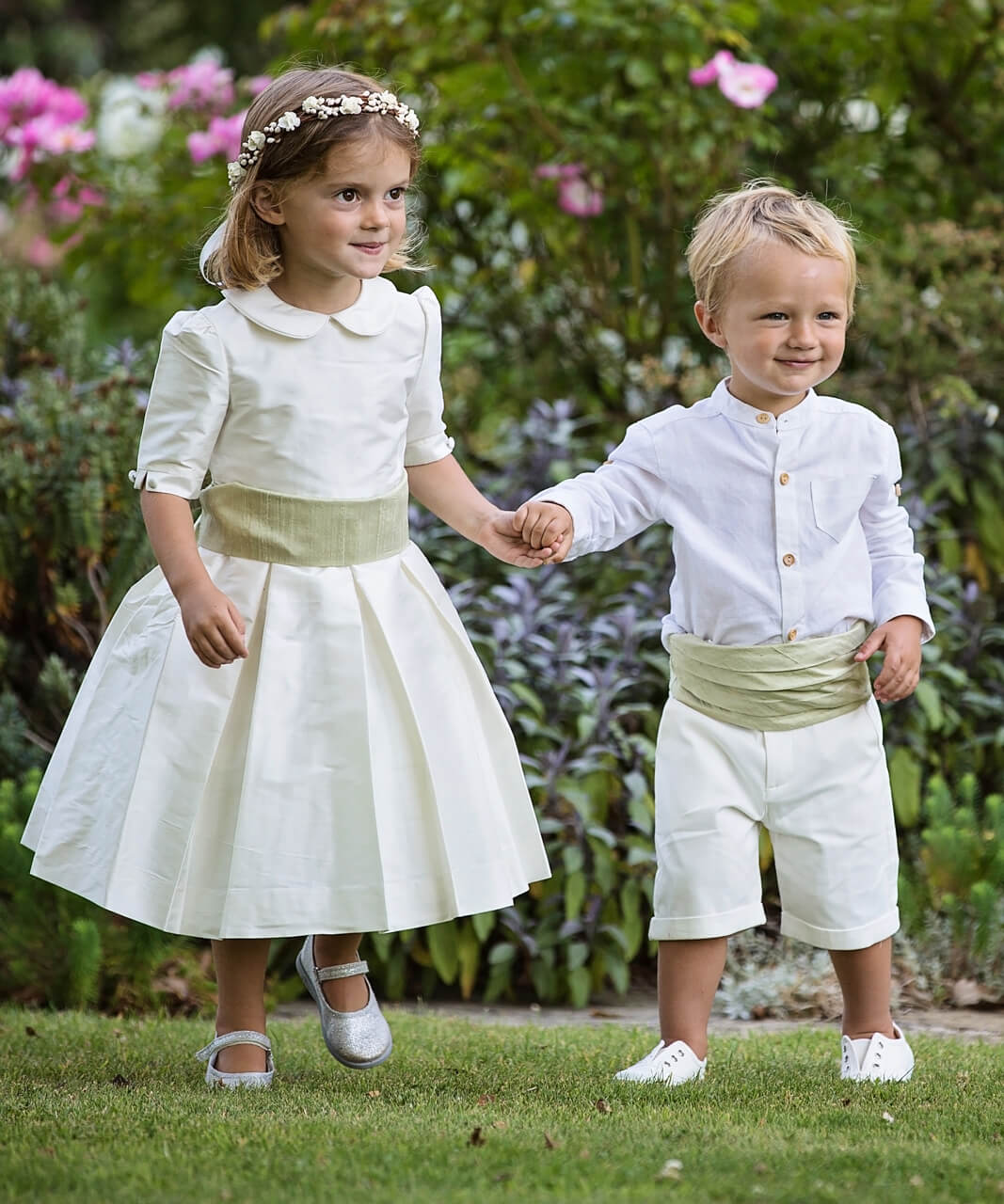 Ivory and Willow Green Flower Girl and Pageboy Outfits | Amelia Brennan