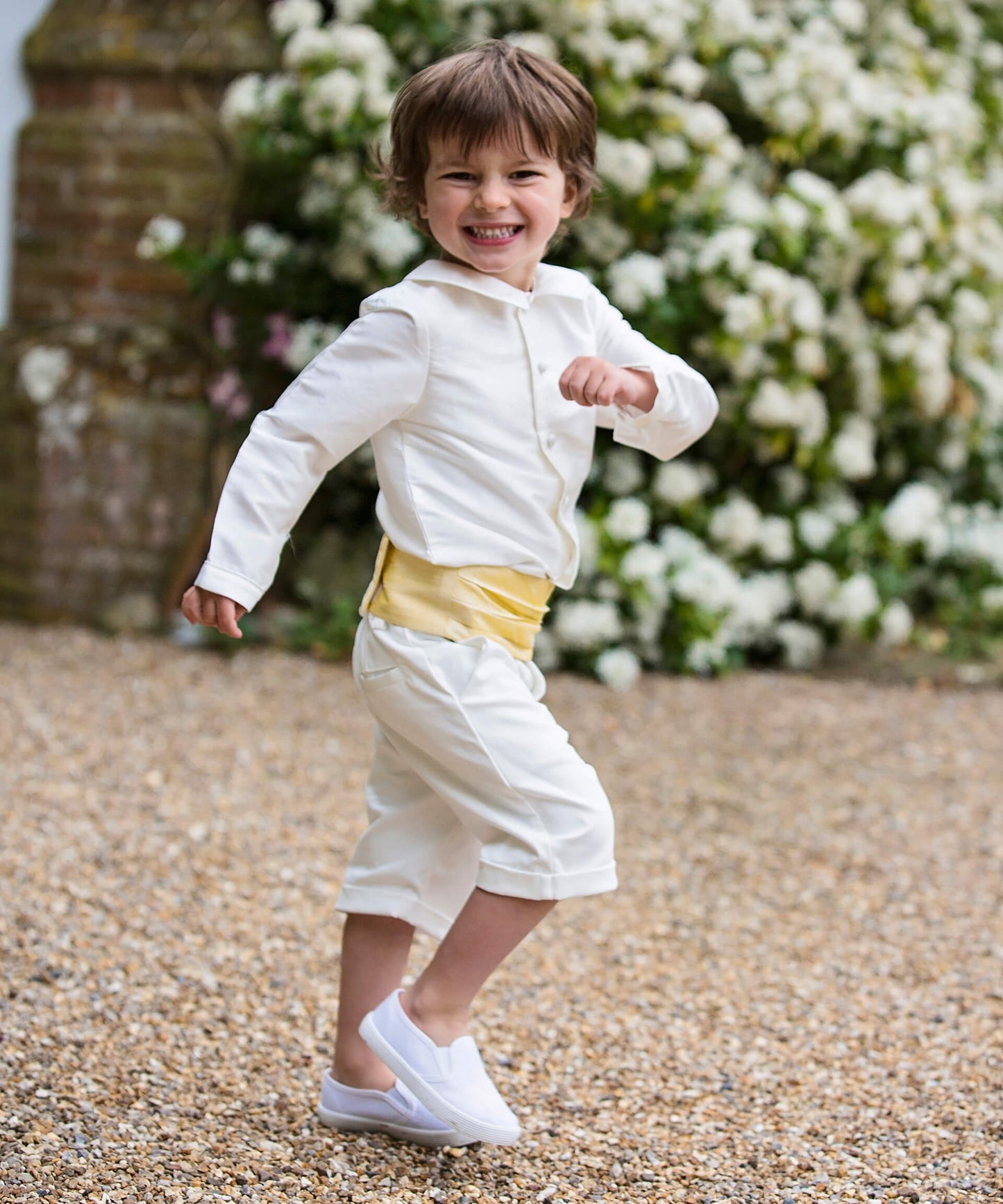 Ivory Page boy Shorts and Shirt with Yellow Silk Cummerbund | Amelia Brennan