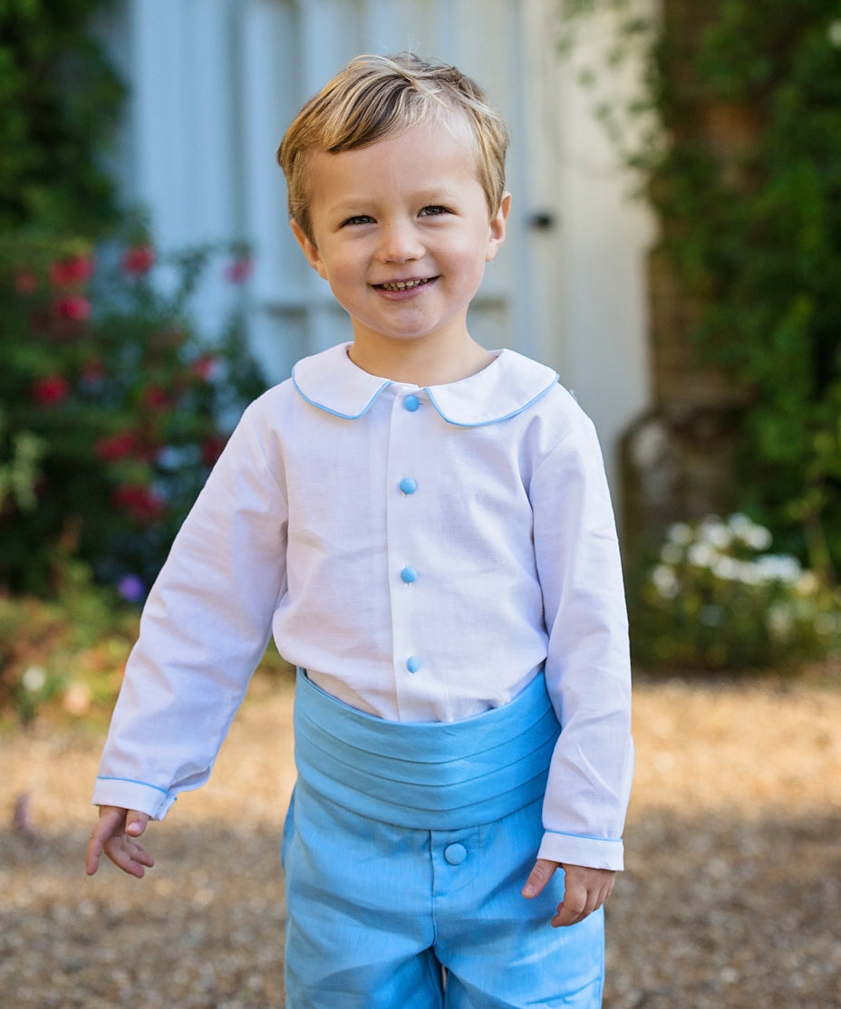 Linen Page Boy Shirt with Blue Trim | Amelia Brennan