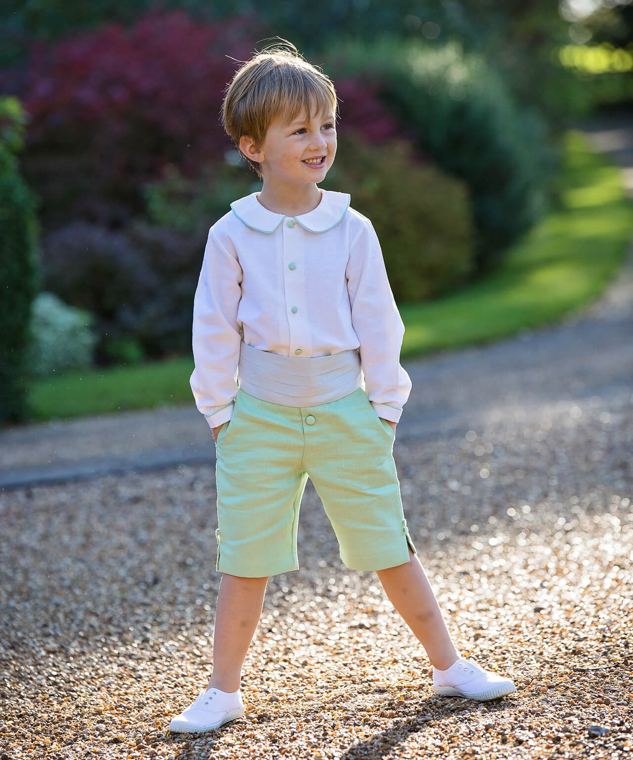 Green Linen Pageboy outfit with  Duck Egg Silk Cummerbund by Amelia Brennan Weddings