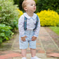 Amelia Brennan - Page Boy outfit with braces, shorts and blue piped shir
