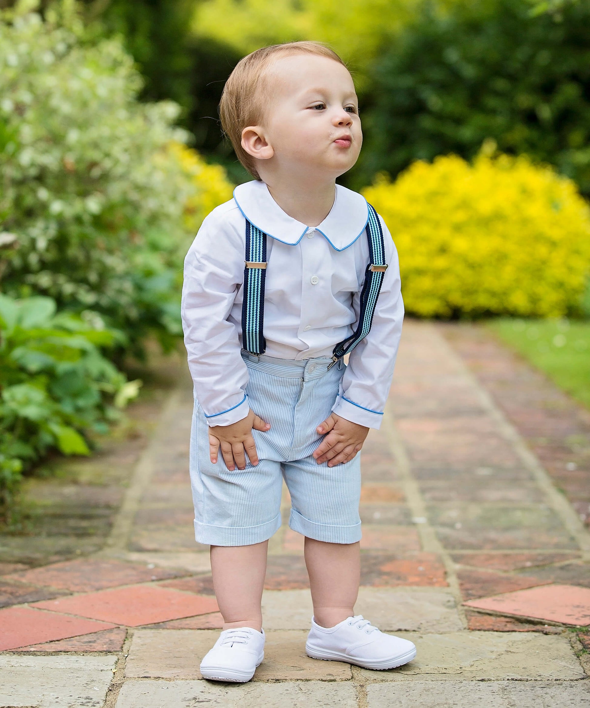 Blue Pinstripe Pageboy Shorts, braces and Pageboy Shirt | Amelia Brennan