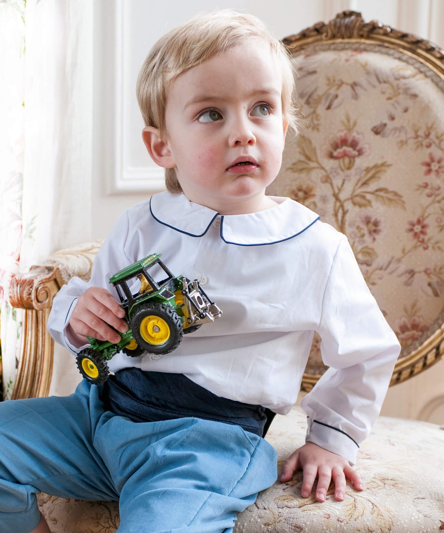 Model in Peter Pan Shirt with Navy Piping - Amelia Brennan