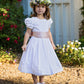 White Dot Cotton Flower Girl Dress with Blush Silk Sash by Amelia Brennan Weddings