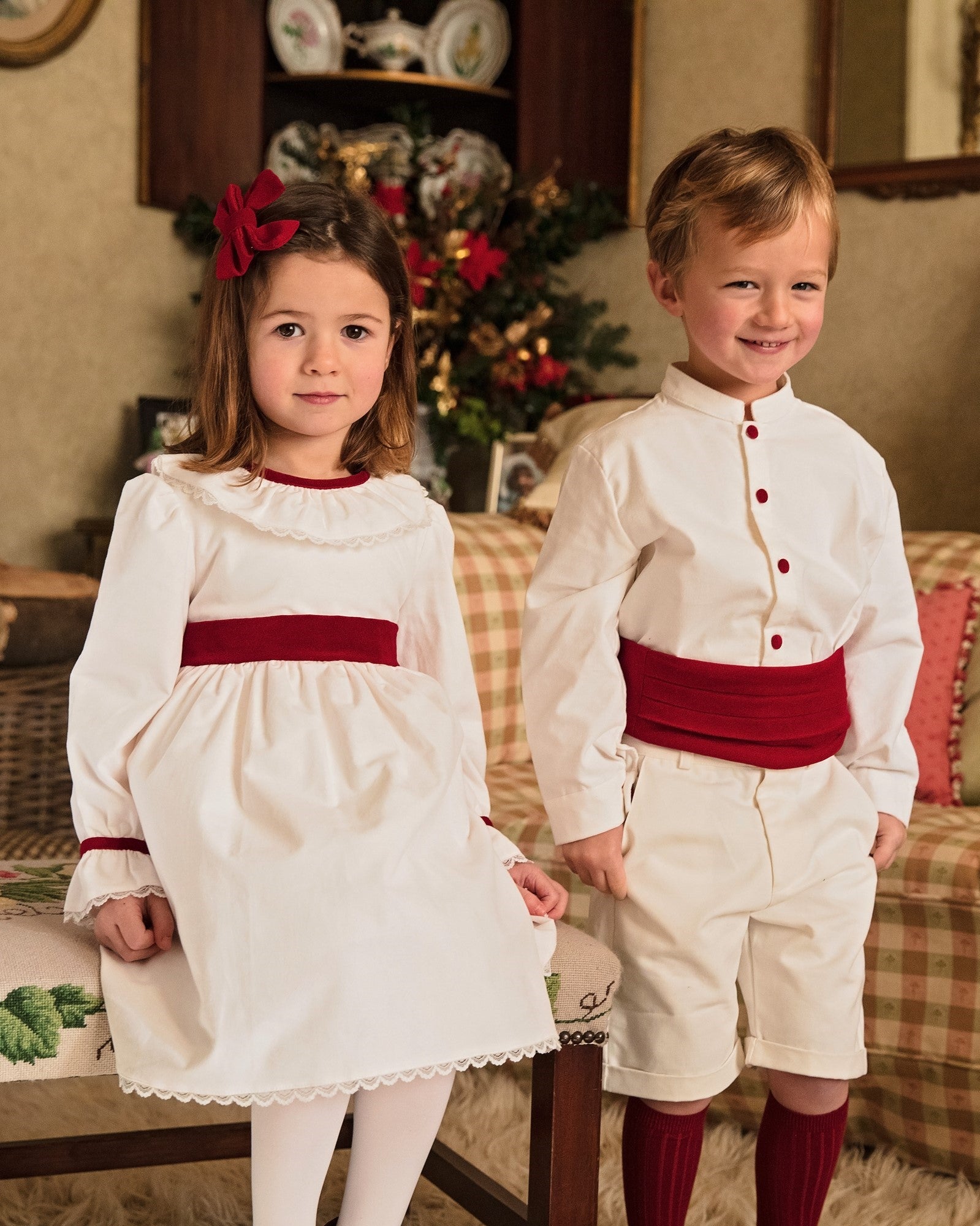 Matching Flower girl and Pageboy in Ivory with Burgundy Velvet trims for Winter Wedding | Amelia Brennan