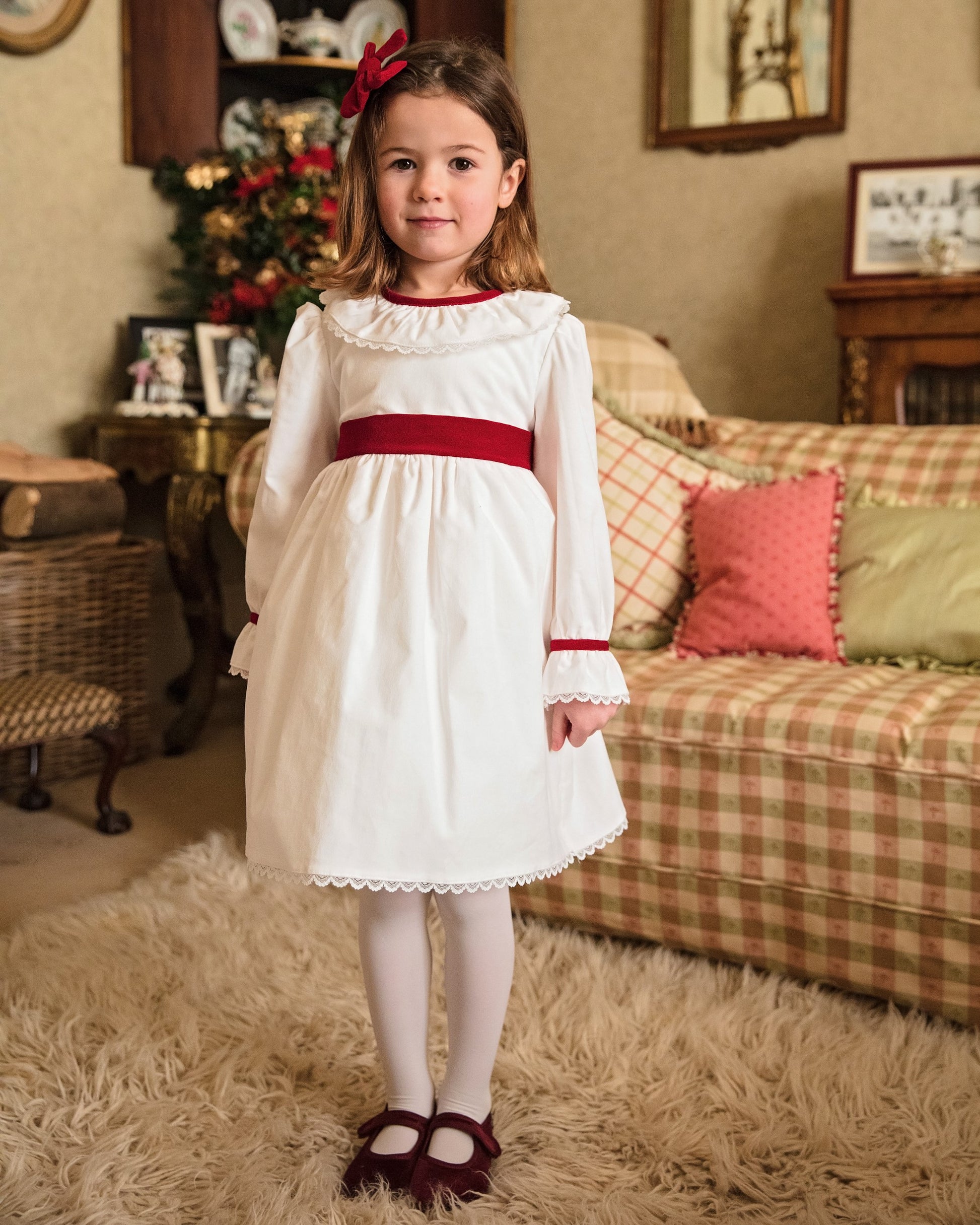 Red Velvet and White Winter Flower Girl Dress | Amelia Brennan 