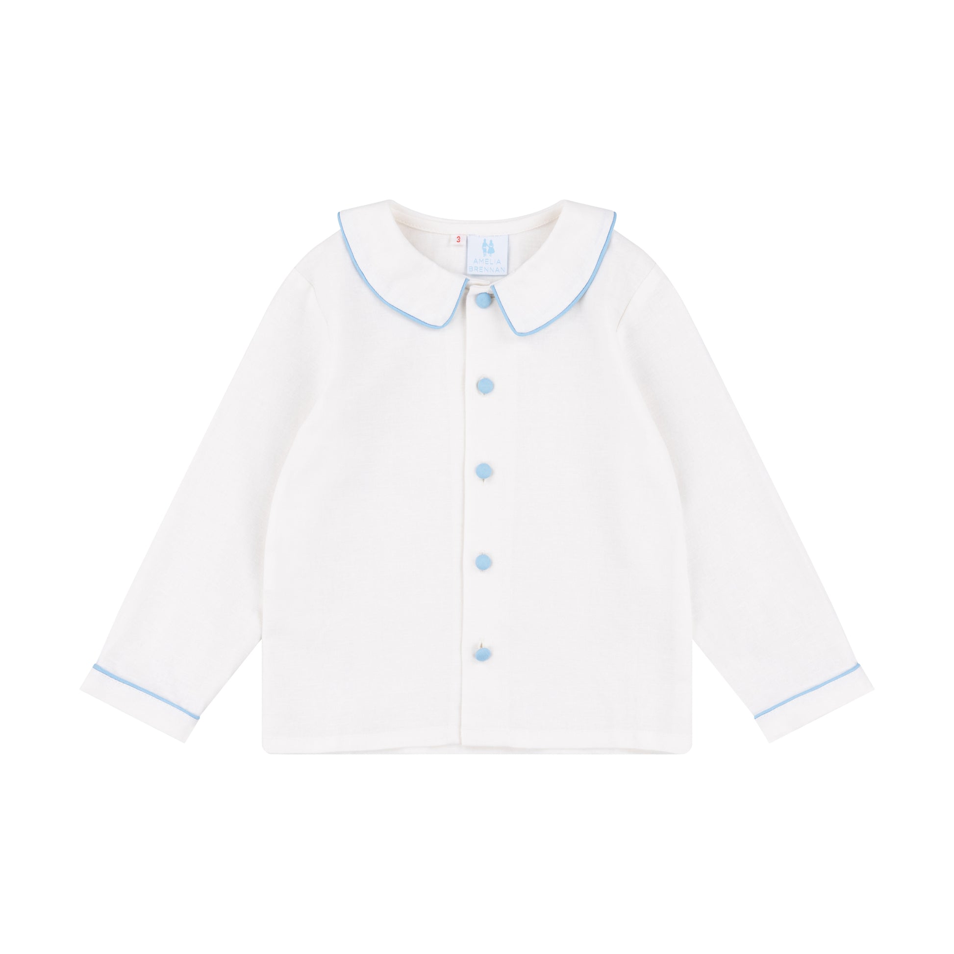Ivory linen Pageboy shirt with Blue trim and buttons