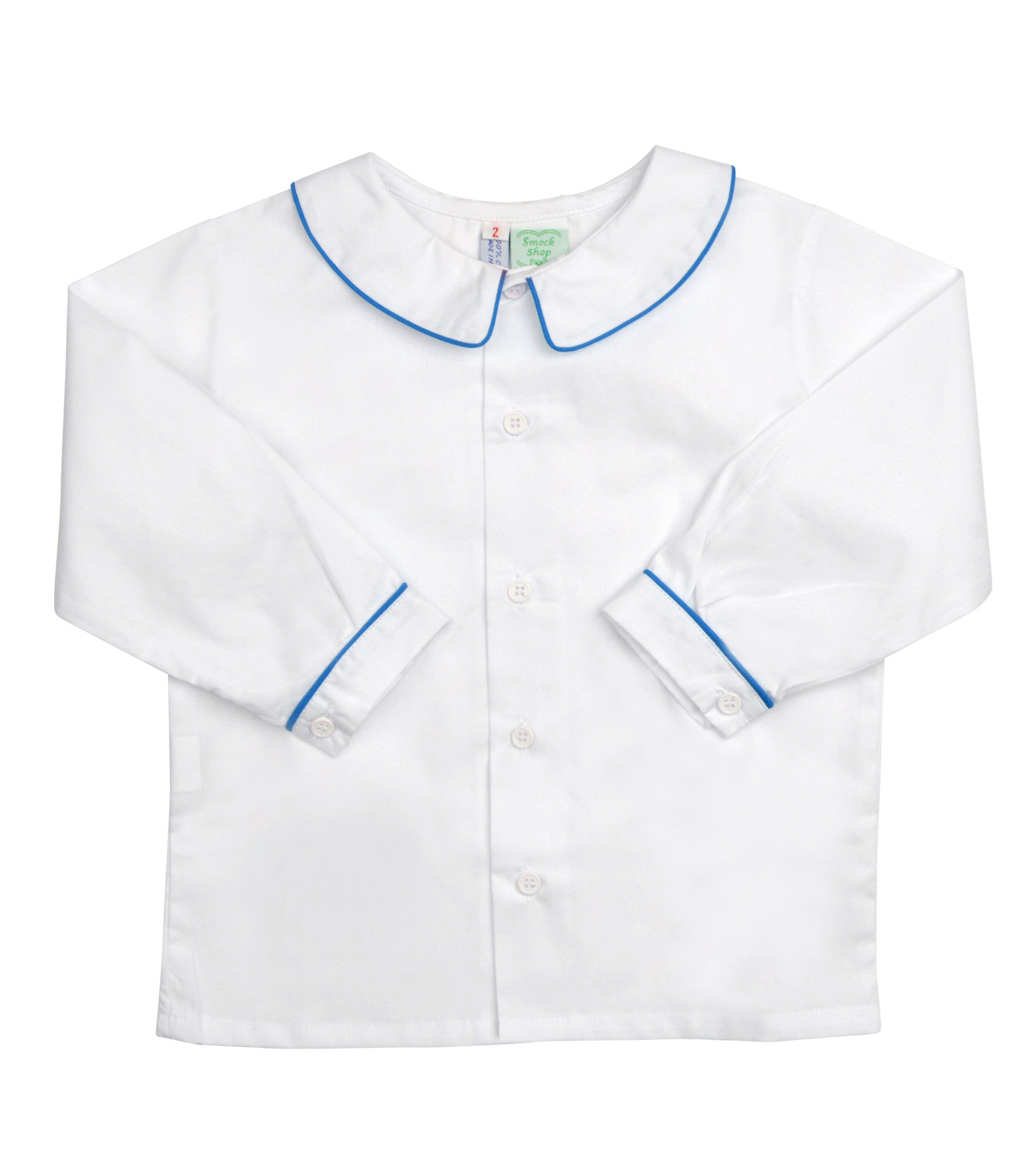 White Peter Pan Collared Shirt with Blue Piping - Amelia Brennan