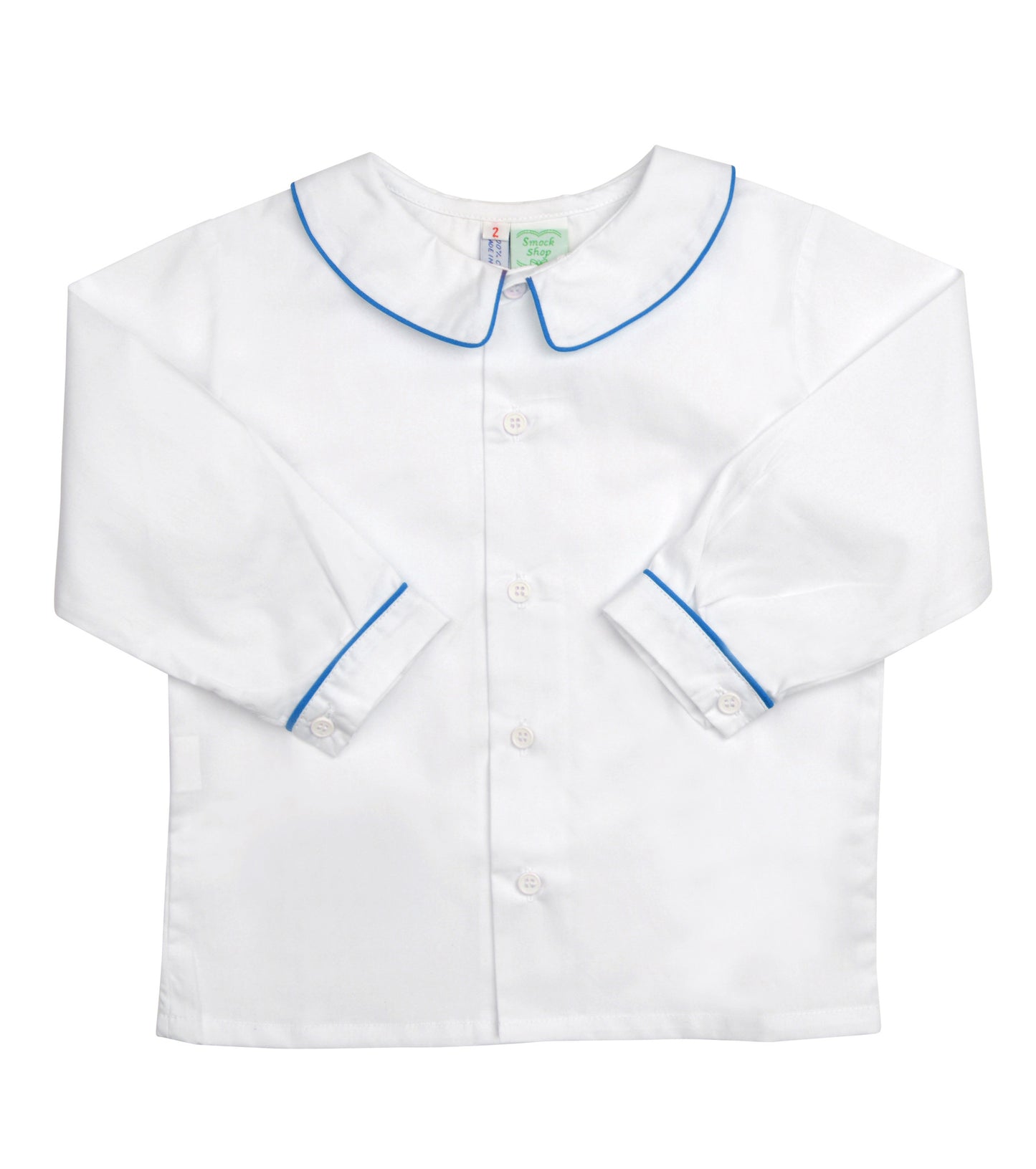 White Peter Pan Collared Shirt with Blue Piping - Amelia Brennan