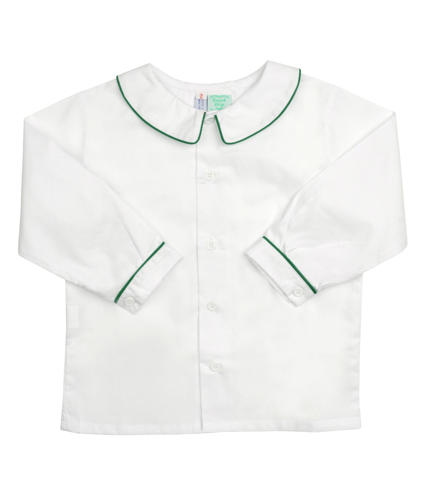 White Peter Pan Collared Shirt with Green Piping - Amelia Brennan